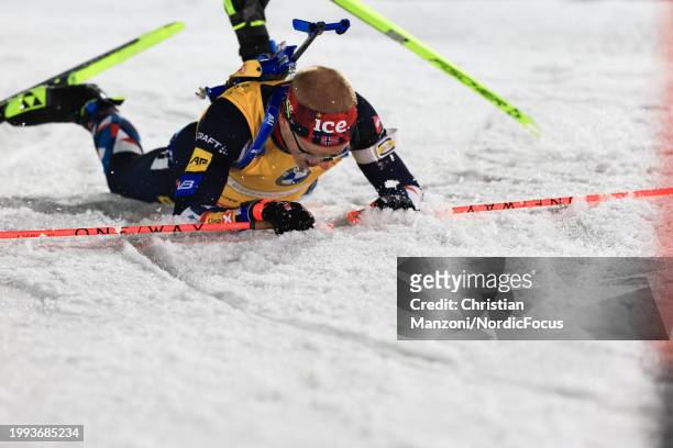 Johannes Thingnes Boe of Norway competes during the Men's Sprint at the BMW IBU World Cup Biathlon Nove Mesto na Morave on February 10, 2024 in Nove...