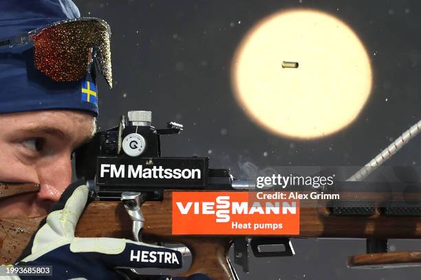 Sebastian Samuelsson of Sweden shoots during the zeroing prior to the Mixed Relay of the IBU World Championships Biathlon Nove Mesto na Morave on...