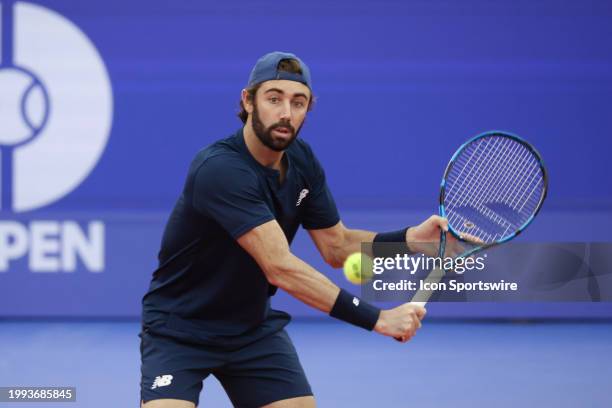 Jordan Thompson hits a volley during the Dallas Open on February 10, 2024 at Styslinger/Altec Tennis Complex in Dallas, TX.