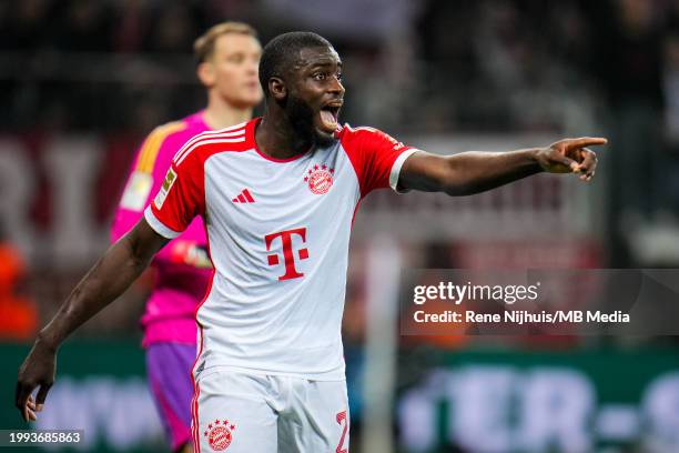 Dayot Upamecano of FC Bayern Munchen gestures during the Bundesliga match between Bayer 04 Leverkusen and FC Bayern München at BayArena on February...