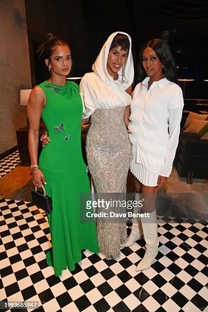 Boxer Ramla Ali, Sabrina Elba and Chanel Ayan attend the One&Only One Za'abeel Grand Opening in the Martini Bar on February 10, 2024 in Dubai, United...