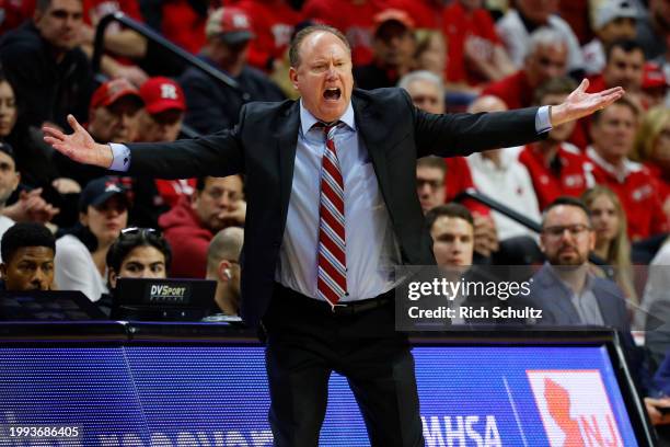 Head coach Greg Gard of the Wisconsin Badgers reacts during the second half of a game against the Rutgers Scarlet Knights at Jersey Mike's Arena on...