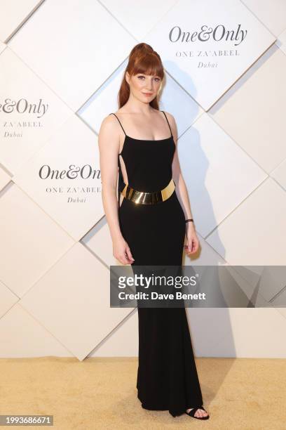 Nicola Roberts poses on the red carpet at the One&Only One Za'abeel Grand Opening at Aelia on February 10, 2024 in Dubai, United Arab Emirates.