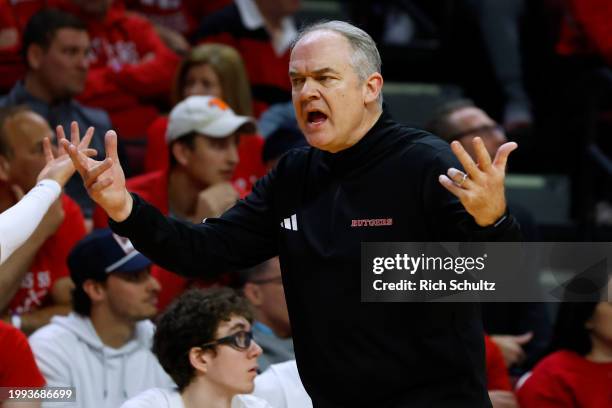 Head coach Steve Pikiell of the Rutgers Scarlet Knights reacts during the second half of a game against the Wisconsin Badgers at Jersey Mike's Arena...