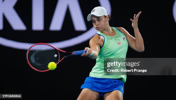 Ashleigh Barty of Australia in action against Lesia Tsurenko of Ukraine in the first round of the 2020 Australian Open at Melbourne Park on January...