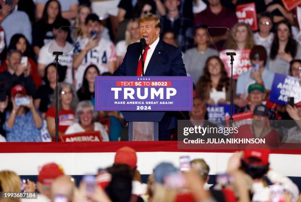 Former US President and 2024 presidential hopeful Donald Trump speaks at a "Get Out the Vote" Rally in Conway, South Carolina, on February 10, 2024.