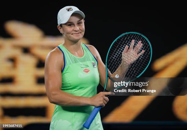 Ashleigh Barty of Australia in action against Lesia Tsurenko of Ukraine in the first round of the 2020 Australian Open at Melbourne Park on January...