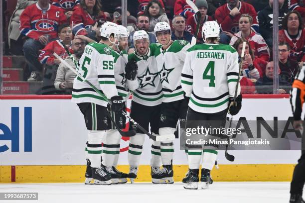 Tyler Seguin of the Dallas Stars celebrates his goal with teammates Thomas Harley, Matt Duchene, Mason Marchment and Miro Heiskanen during the second...