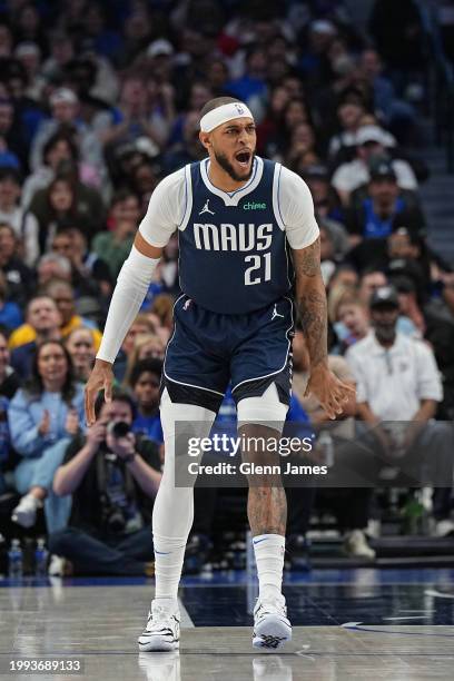 Daniel Gafford of the Dallas Mavericks celebrates during the game against the Oklahoma City Thunder on February 10, 2024 at the American Airlines...