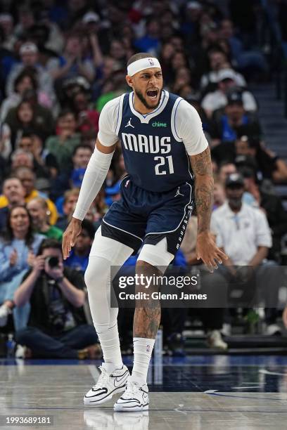 Daniel Gafford of the Dallas Mavericks celebrates during the game against the Oklahoma City Thunder on February 10, 2024 at the American Airlines...