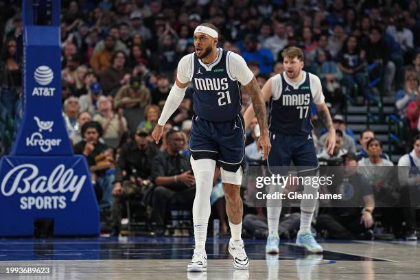Daniel Gafford of the Dallas Mavericks plays defense during the game against the Oklahoma City Thunder on February 10, 2024 at the American Airlines...