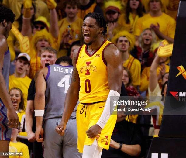 Tre King of the Iowa State Cyclones reacts after scoring a basket as Jameer Nelson Jr. #4 of the TCU Horned Frogs watches on in the second half of...