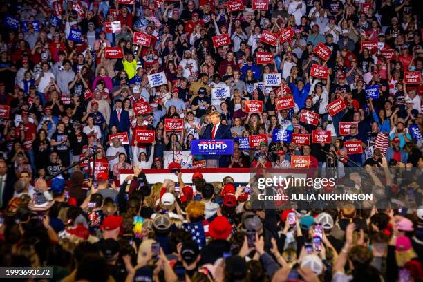 Former US President and 2024 presidential hopeful Donald Trump speaks at a "Get Out the Vote" Rally in Conway, South Carolina, on February 10, 2024.