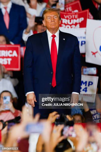 Former US President and 2024 presidential hopeful Donald Trump arrives at a "Get Out the Vote" Rally in Conway, South Carolina, on February 10, 2024.