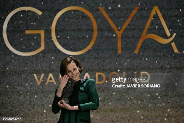 American actress Sigourney Weaver delivers a speech after receiving the International Goya Award for her career at the 38th Goya Awards ceremony in...