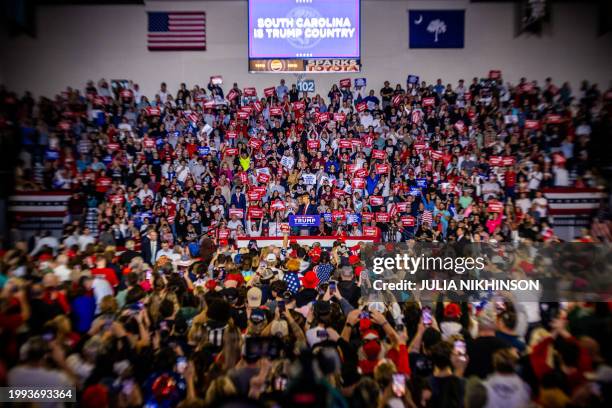 Former US President and 2024 presidential hopeful Donald Trump speaks at a "Get Out the Vote" Rally in Conway, South Carolina, on February 10, 2024.