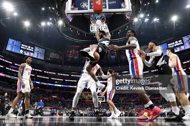 Paul George of the Los Angeles Clippers celebrates after a slam dunk against Jaden Ivey Detroit Pistons during the second half at Crypto.com Arena on...