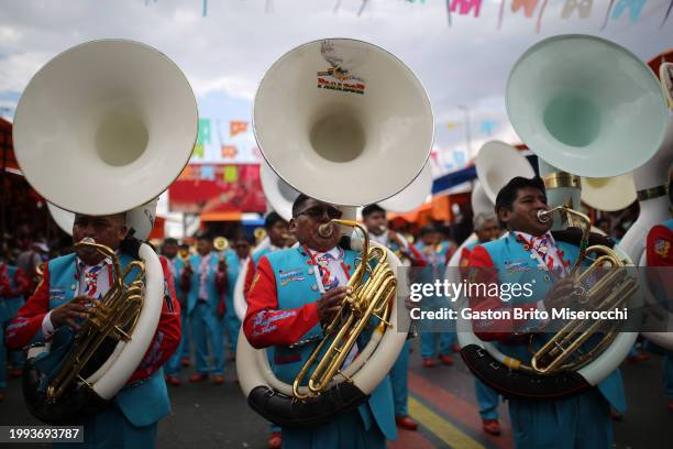 Musician plays the tuba during the 2024 Oruro Carnval on February 10, 2024 in Oruro, Bolivia. Listed as one of the Masterpieces of the Oral and...