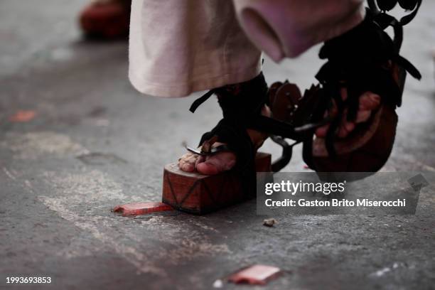 Man wearing traditional shoes dances Pujllay during the 2024 Oruro Carnval on February 10, 2024 in Oruro, Bolivia. Listed as one of the Masterpieces...