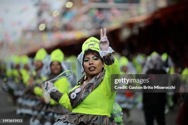 People wearing traditional clothes dances Lamerada during the 2024 Oruro Carnval on February 10, 2024 in Oruro, Bolivia. Listed as one of the...