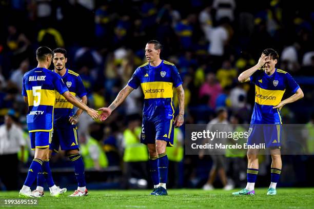 Players of Boca Juniors leave the pitch after a Copa de la Liga 2024 group B match between Boca Juniors and Defense y Justicia at Estadio Alberto J....