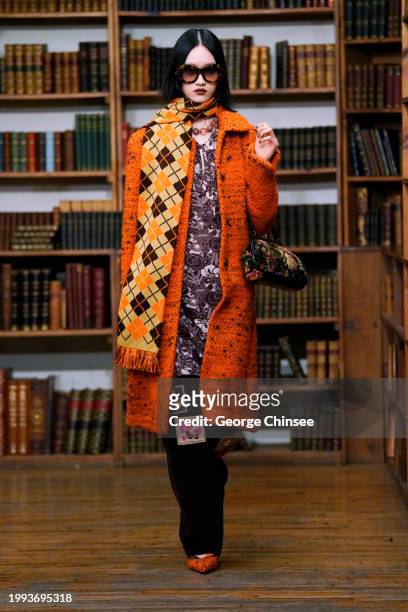 Model on the runway at Anna Sui RTW Fall 2024 as part of New York Ready to Wear Fashion Week held at the Strand Book Store on February 10, 2024 in...