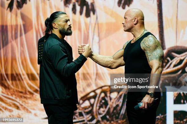 Dwayne "The Rock" Johnson and Roman Reigns during the WWE Wrestlemania XL Kickoff on February 08 at T-Mobile Arena in Las Vegas, NV.