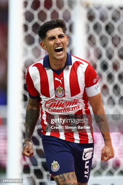 Victor Guzman of Chivas celebrates after scoring the team's second goal during the 6th round match between Chivas and Juarez FC as part of the Torneo...