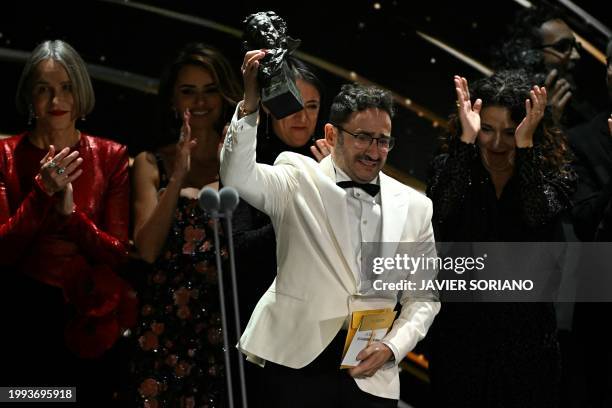 Spanish film director Juan Antonio Bayona celebrates as he receives the Best Film award for "La sociedad de la nieve" at the 38th Goya Awards...