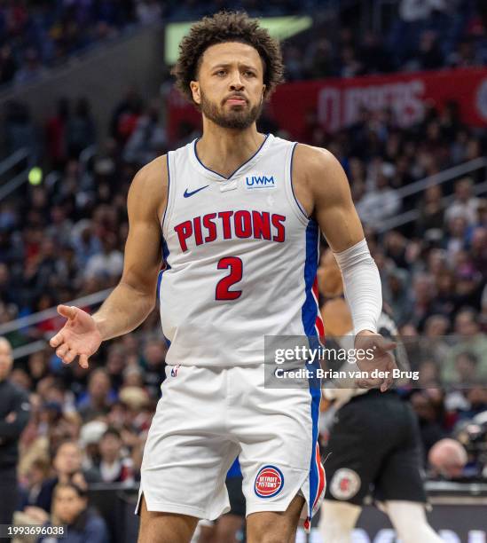 Los Angeles, CA Pistons Cade Cunningham argues a 4th quarter offensive foul as the Los Angeles Clippers play the Detroit Pistons at Crypto.com Arena...