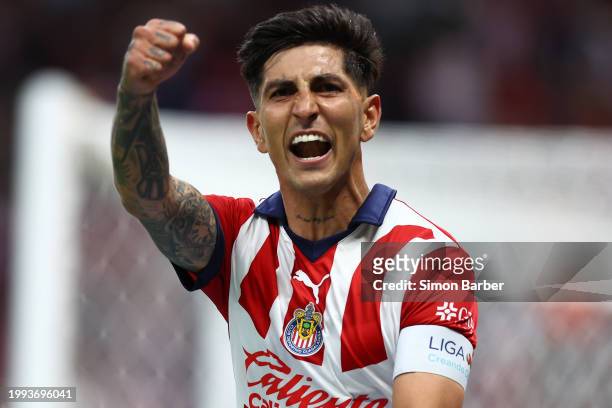 Victor Guzman of Chivas celebrates after scoring the team's second goal during the 6th round match between Chivas and Juarez FC as part of the Torneo...