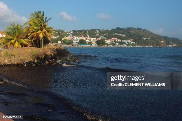 View of the oil spill at Rockly Bay in Tobago island, Trinidad and Tobago, on February 10, 2024. An oil spill caused by a mysterious ship that ran...