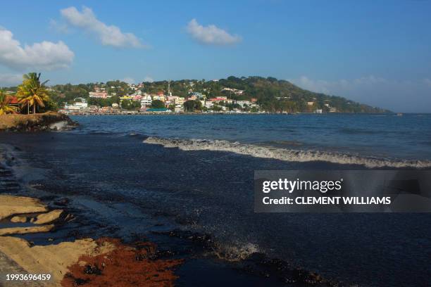 View of the oil spill at Rockly Bay in Tobago island, Trinidad and Tobago, on February 10, 2024. An oil spill caused by a mysterious ship that ran...