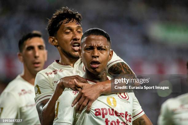 Andy Polo of Universitario celebrating his goal with his teammate Christofer Gonzales during Liga 1 Profesional Peru match between Alianza Lima and...