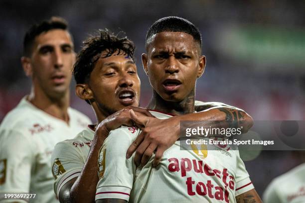Andy Polo of Universitario celebrating his goal with his teammate Christofer Gonzales during Liga 1 Profesional Peru match between Alianza Lima and...