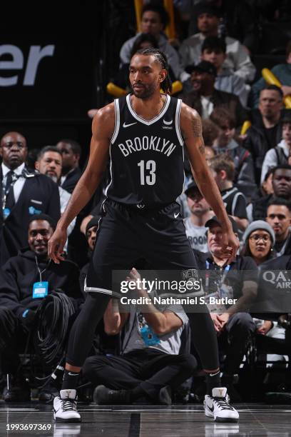 Keita Bates-Diop of the Brooklyn Nets looks on during the game against the San Antonio Spurs on February 10, 2024 at Barclays Center in Brooklyn, New...