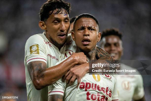 Andy Polo of Universitario celebrating his goal with his teammate Christofer Gonzales during Liga 1 Profesional Peru match between Alianza Lima and...
