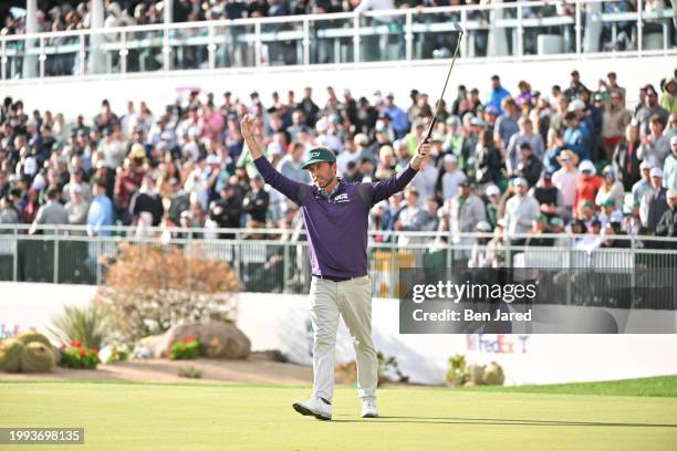 Jesse Mueller reacts to the crowd on the 16th green during the third round of WM Phoenix Open at TPC Scottsdale on February 10, 2024 in Scottsdale,...