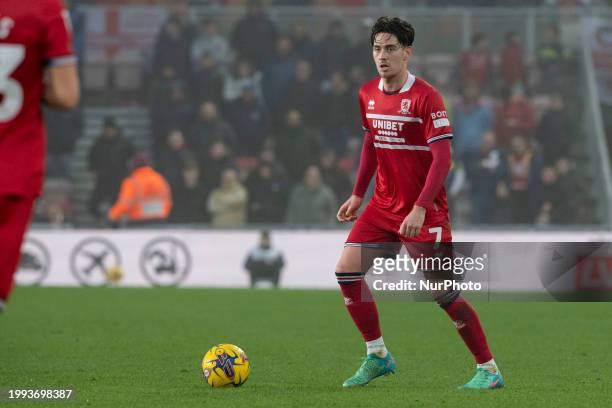 Hayden Hackney of Middlesbrough is playing in the Sky Bet Championship match between Middlesbrough and Bristol City at the Riverside Stadium in...