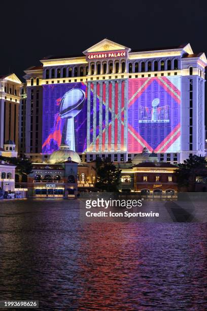 General view of the Vice Lombardi Trophy and Super Bowl LVIII logo projected on Caesar's Palace before Super Bowl LVIII featuring the AFC Champions...