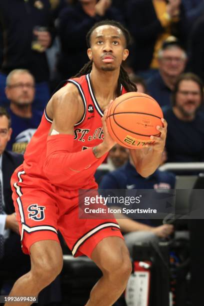St. John's Red Storm guard Daniss Jenkins shoots during a game between the Marquette Golden Eagles and the St. Johns Red Storm at Fiserv Forum on...
