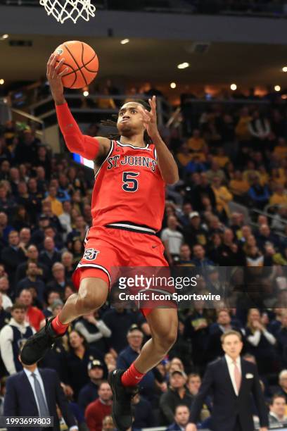 St. John's Red Storm guard Daniss Jenkins scores during a game between the Marquette Golden Eagles and the St. Johns Red Storm at Fiserv Forum on...