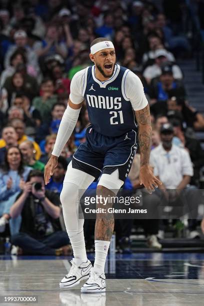 Daniel Gafford of the Dallas Mavericks celebrates during the game against the Oklahoma City Thunder on February 10, 2024 at the American Airlines...