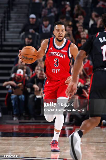 McCollum of the New Orleans Pelicans dribbles the ball during the game against the Portland Trail Blazers on February 10, 2024 at the Moda Center...