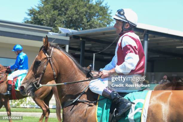 John Keating returns to scale on Banana Split after winning the Stavely Park Merino Stud Maiden Plate at Ararat Racecourse on February 11, 2024 in...