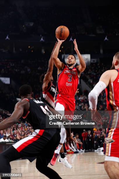 McCollum of the New Orleans Pelicans shoots the ball during the game against the Portland Trail Blazers on February 10, 2024 at the Moda Center Arena...