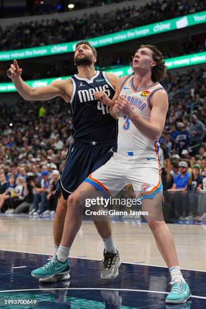 Josh Giddey of the Oklahoma City Thunder boxes out during the game against the Dallas Mavericks on February 10, 2024 at the American Airlines Center...