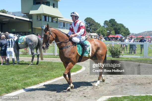 John Keating returns to scale on Banana Split after winning the Stavely Park Merino Stud Maiden Plate at Ararat Racecourse on February 11, 2024 in...