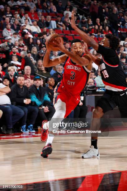 McCollum of the New Orleans Pelicans drives to the basket during the game against the Portland Trail Blazers on February 10, 2024 at the Moda Center...
