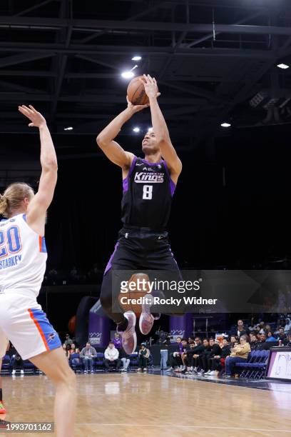 Skal Labissiere of the Stockton Kings shoots the ball during the game against the Oklahoma City Blue at Stockton Arena on February 10, 2024 in...
